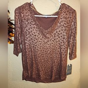 Democracy Animal Print Metallic Maroon V-Neck 3/4 Sleeve Top XS NWT